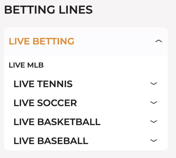 Live Betting Menu at MyBookie
