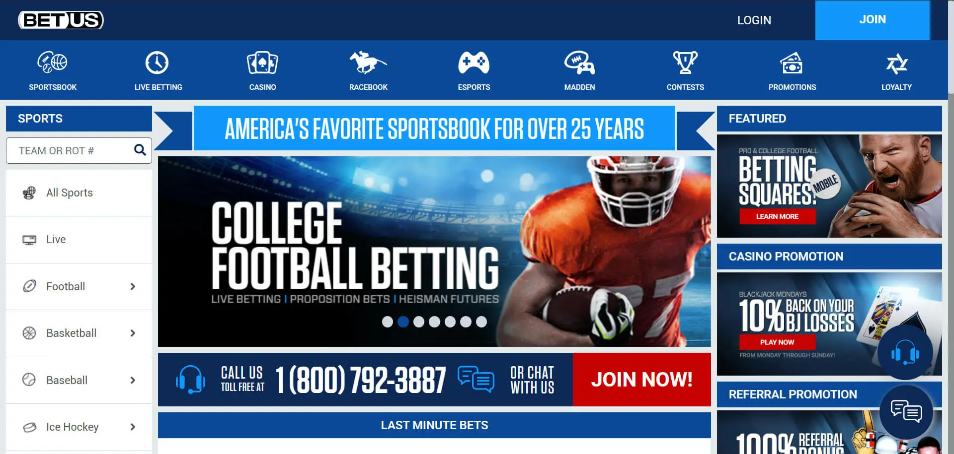 Main BetUS Sportsbook Page Screenshot