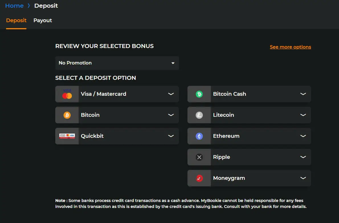 Main MyBookie Deposit Page Screenshot