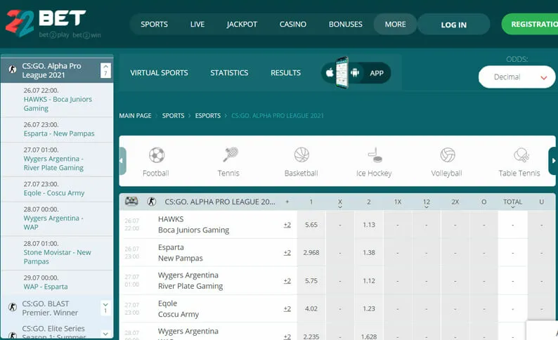 22Bet Esports Page Screenshot