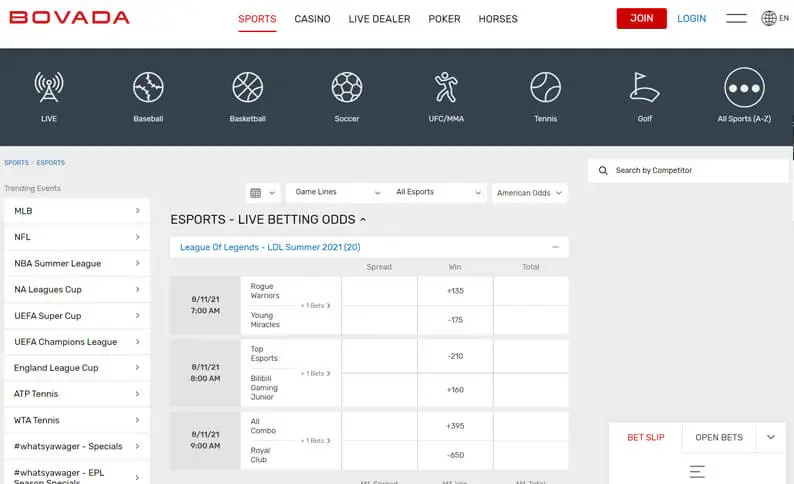 Bovada Esports Screenshot