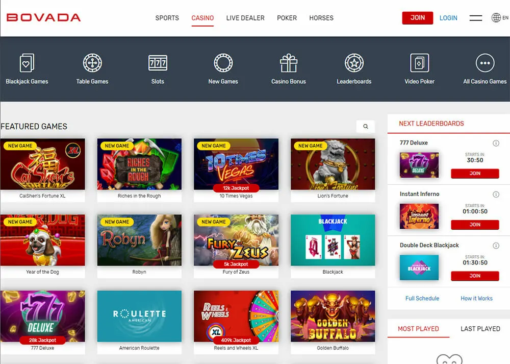 Bovada.lv Casino Hub Screenshot