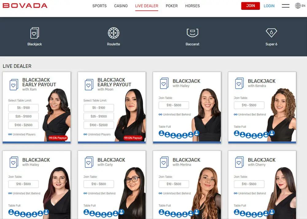 Bovada.lv Live Dealer Hub Screenshot