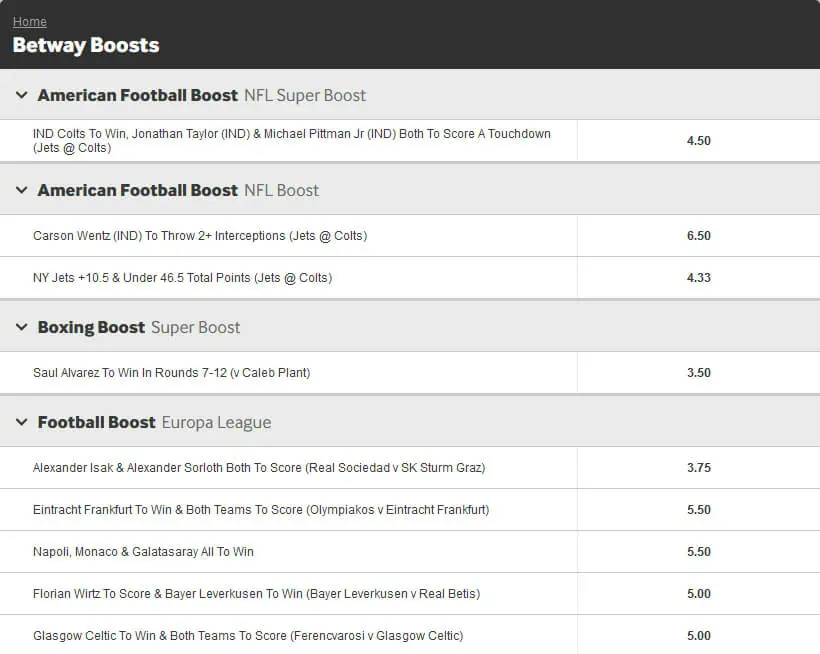Betway Boosts Bets Screenshot