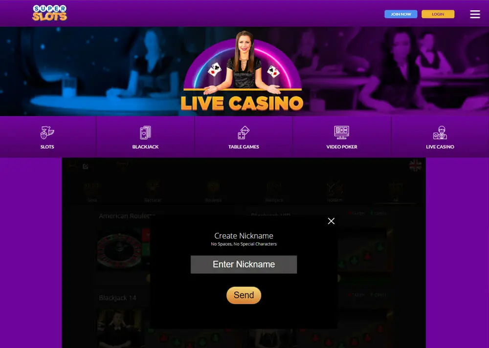 Super Slots Live Casino Hub Screenshot