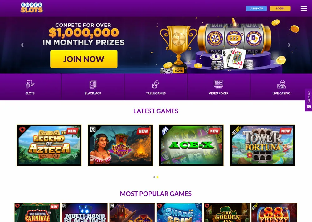 Super Slots Main Page Screenshot