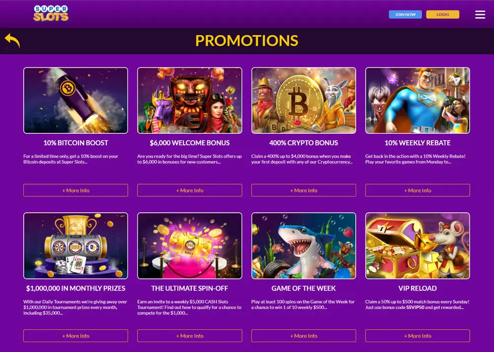 Super Slots Promotions Page Screenshot