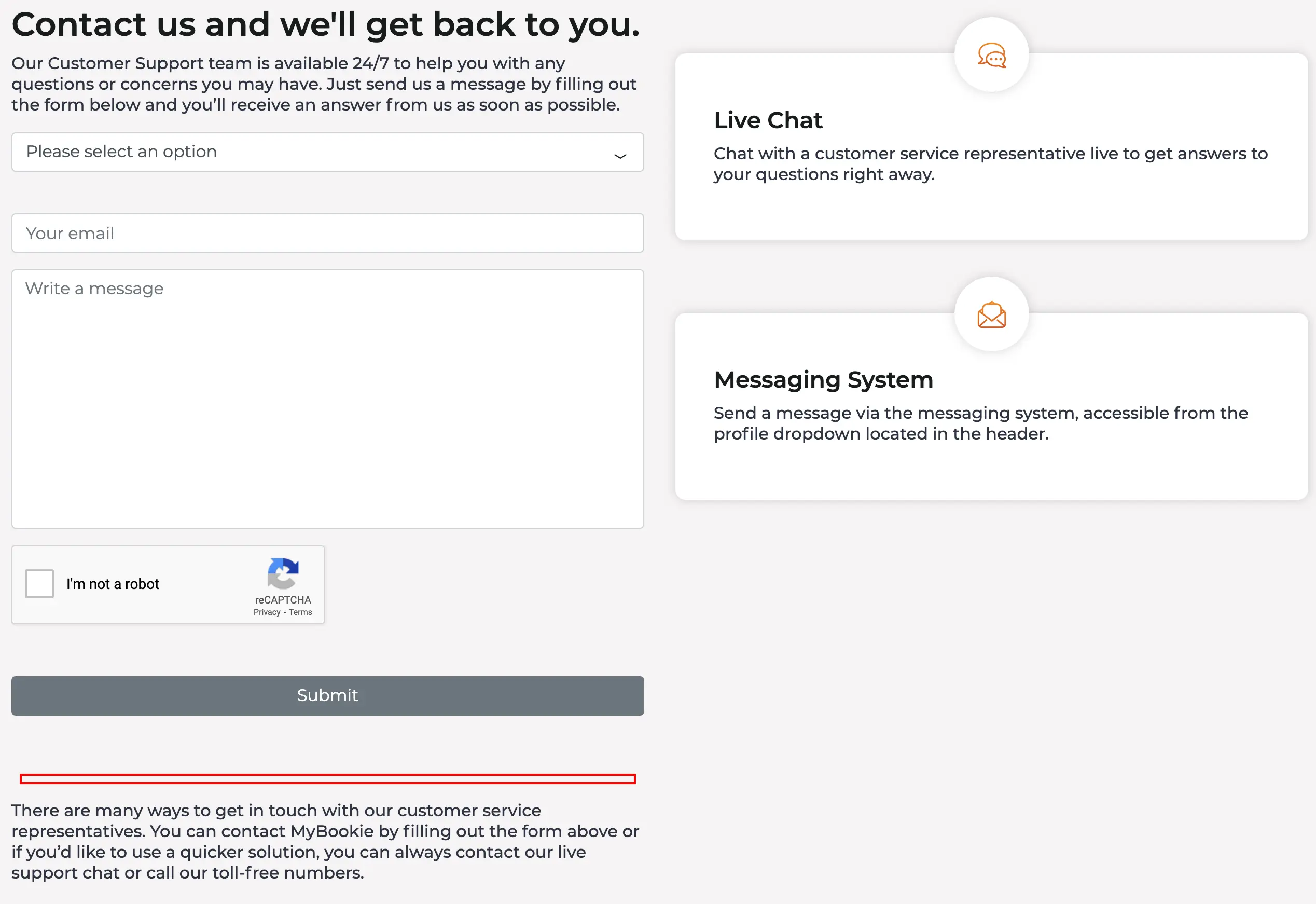 Customer Service Information at MyBookie